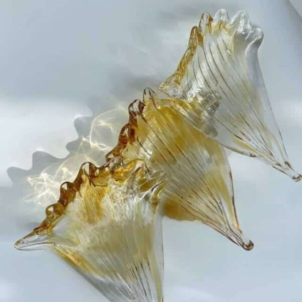 Hand-blown glass ginkgo leaf with amber speckled stripes-6